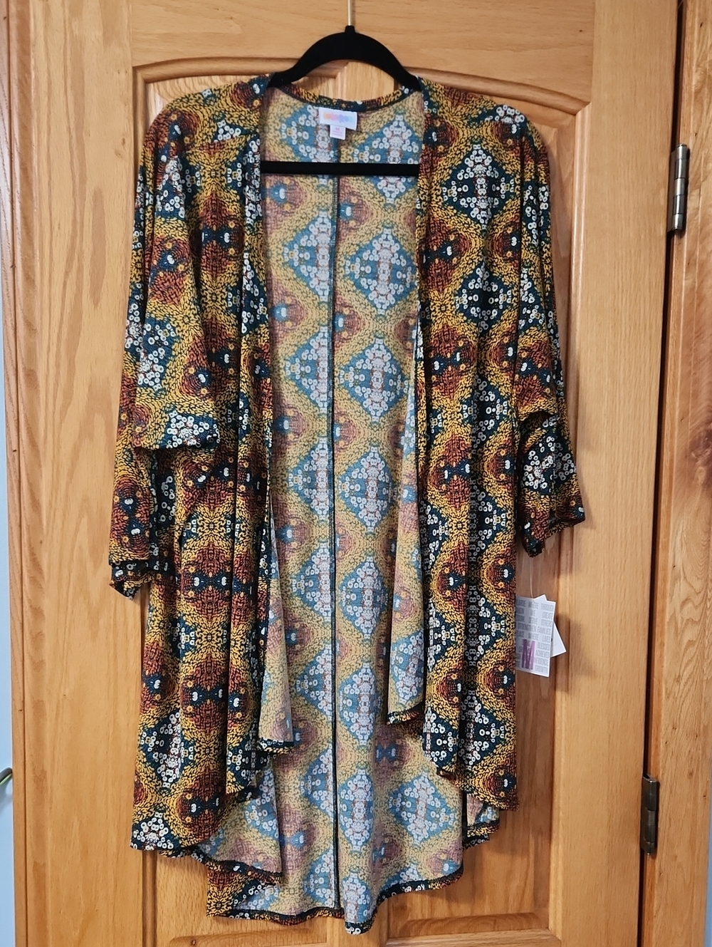 LuLaRoe Patterned Overshirt in Teal, Mustard & Black
